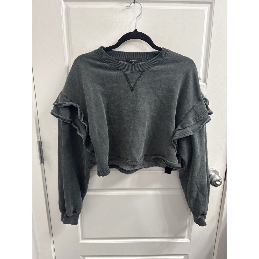 7 For All Mankind Ruffle Cropped Sweatshirt Charcoal Grey Mineral Wash Medium